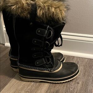 Sorel Black Joan of Arctic Winter Waterproof Boots w Tan Faux Fur Accents, Sz 8
